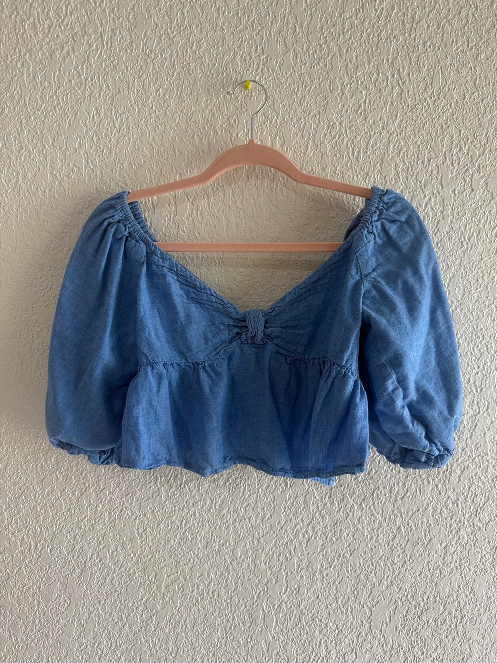 Zara Light Blue Puff-Sleeve Cropped Peasant Top